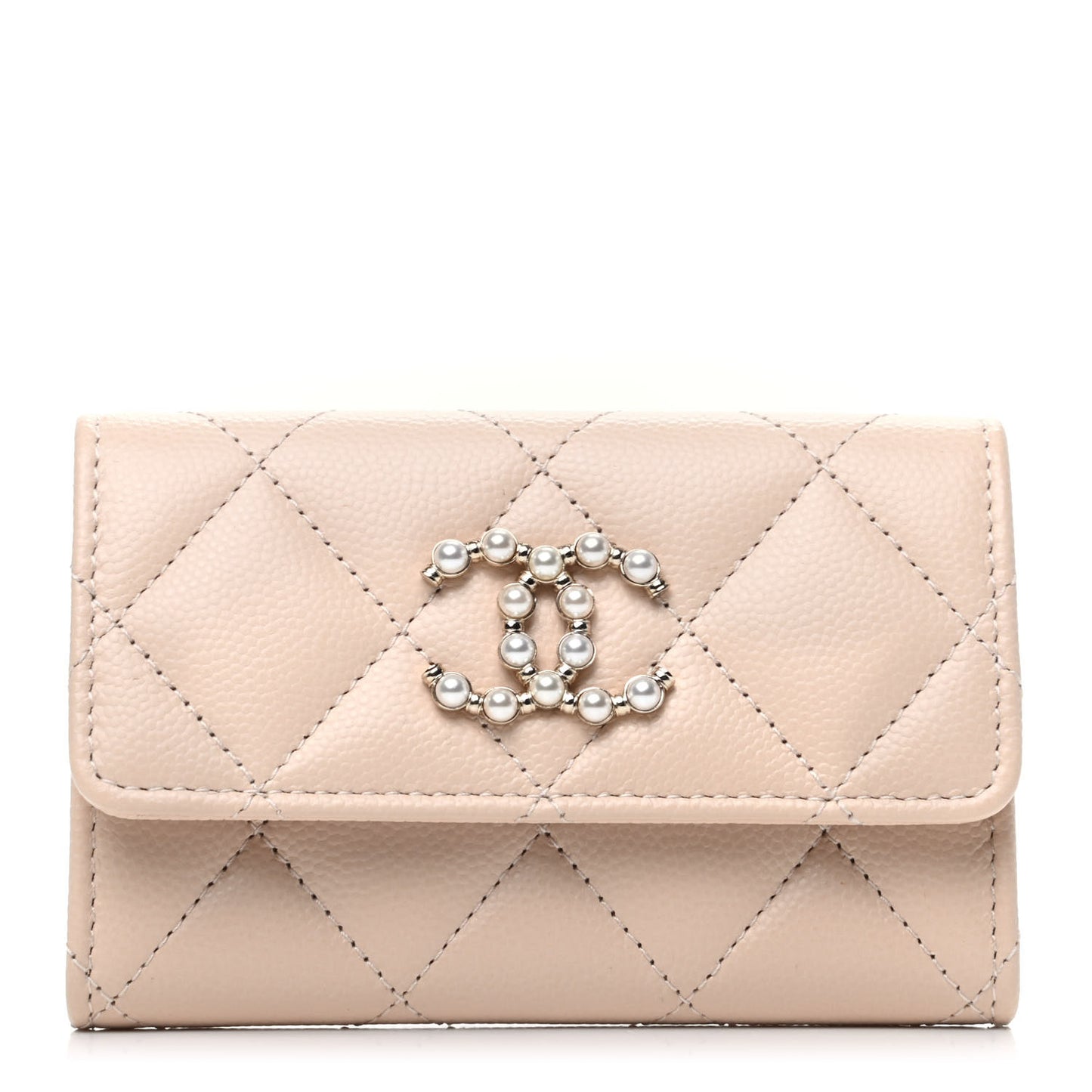 Caviar Pearl Quilted Coco Candy Flap Card Holder Beige
