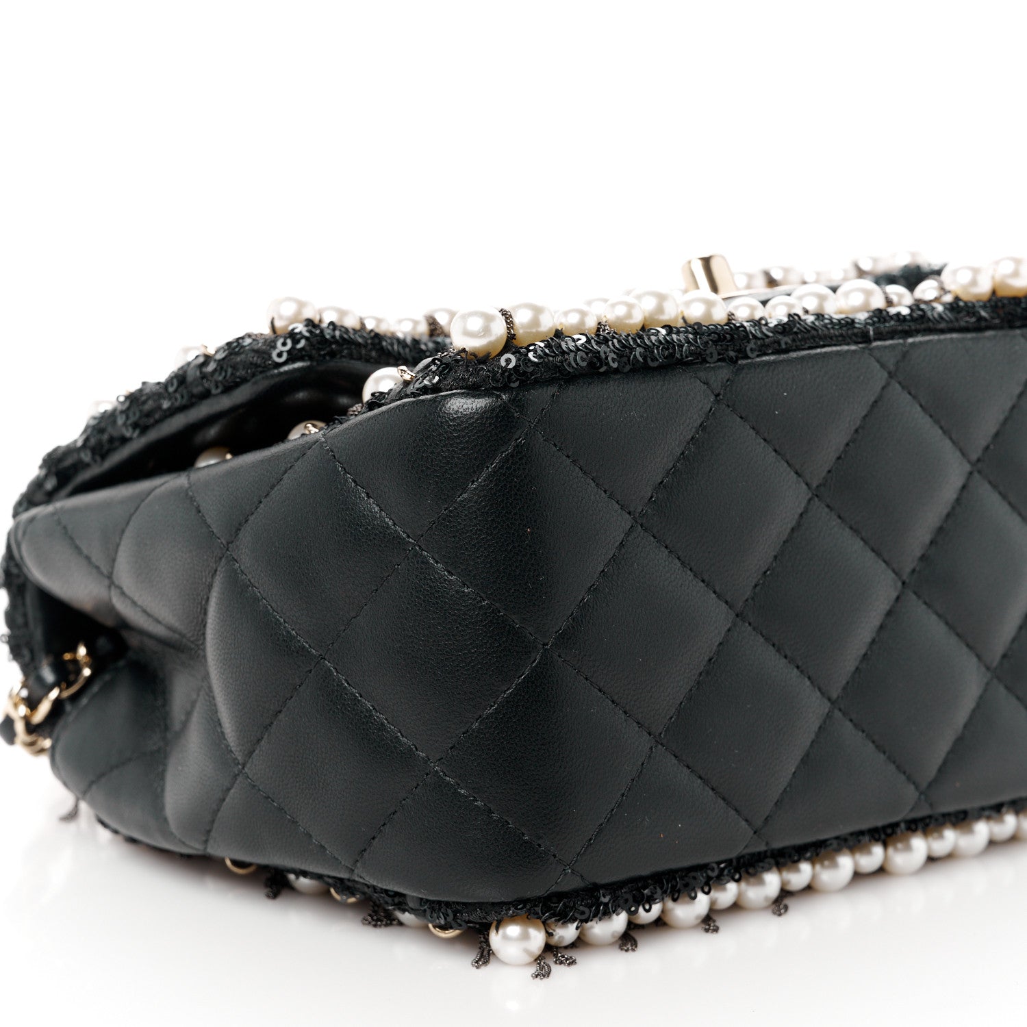 Chanel Lambskin Sequin Pearl Chain Fringe Mini Flap Black 10 of 12
