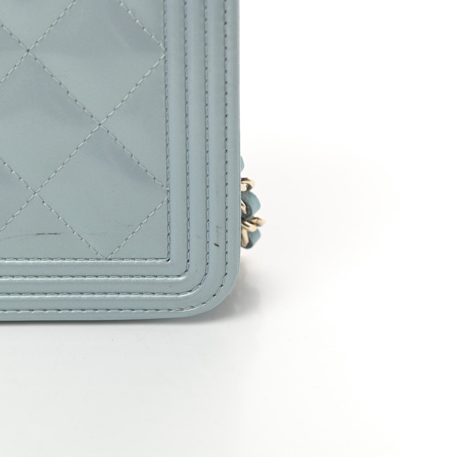 Chanel Metallic Patent Calfskin Quilted Boy Wallet on Chain WOC Light Blue 13 of 15