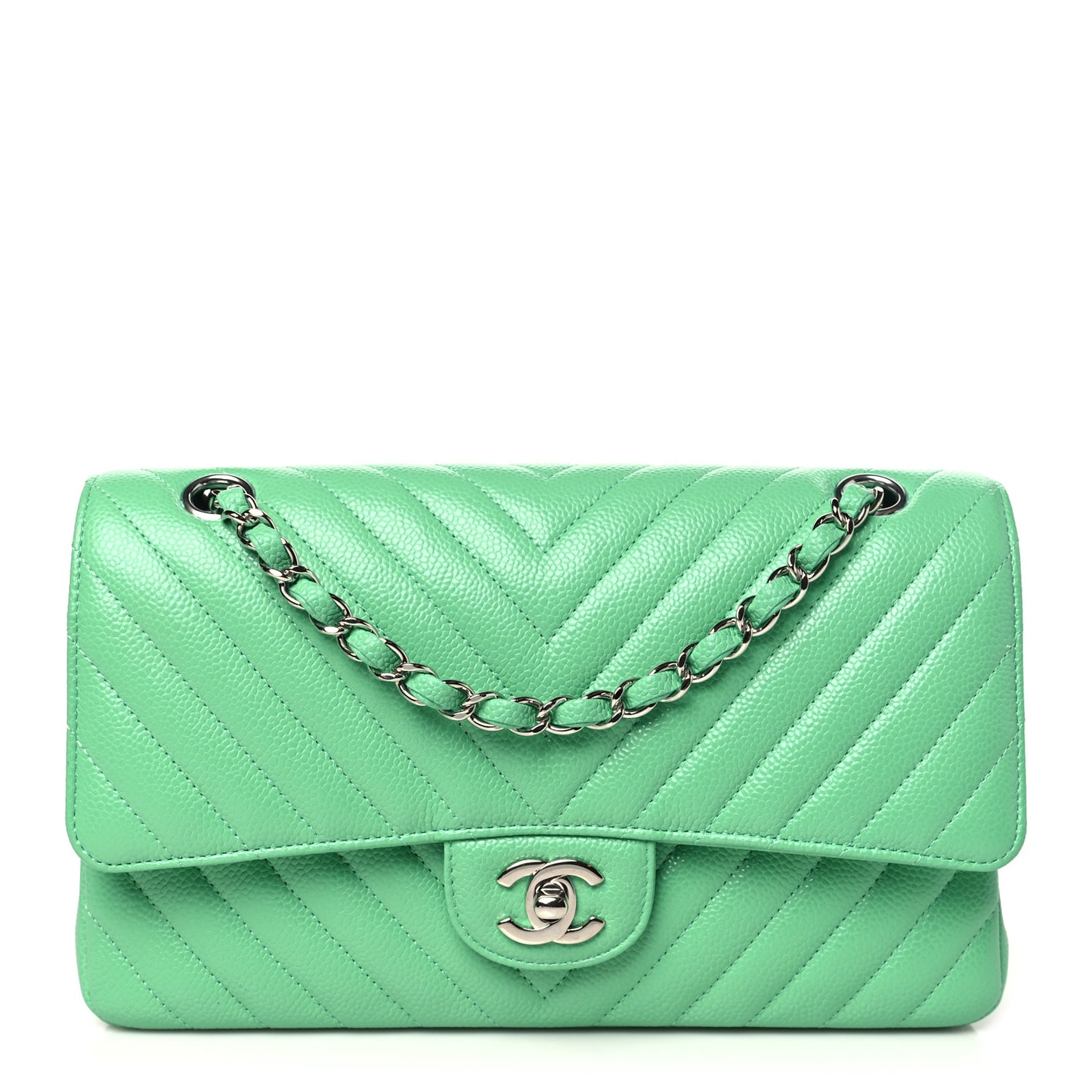 Caviar Chevron Quilted Medium Double Flap Green