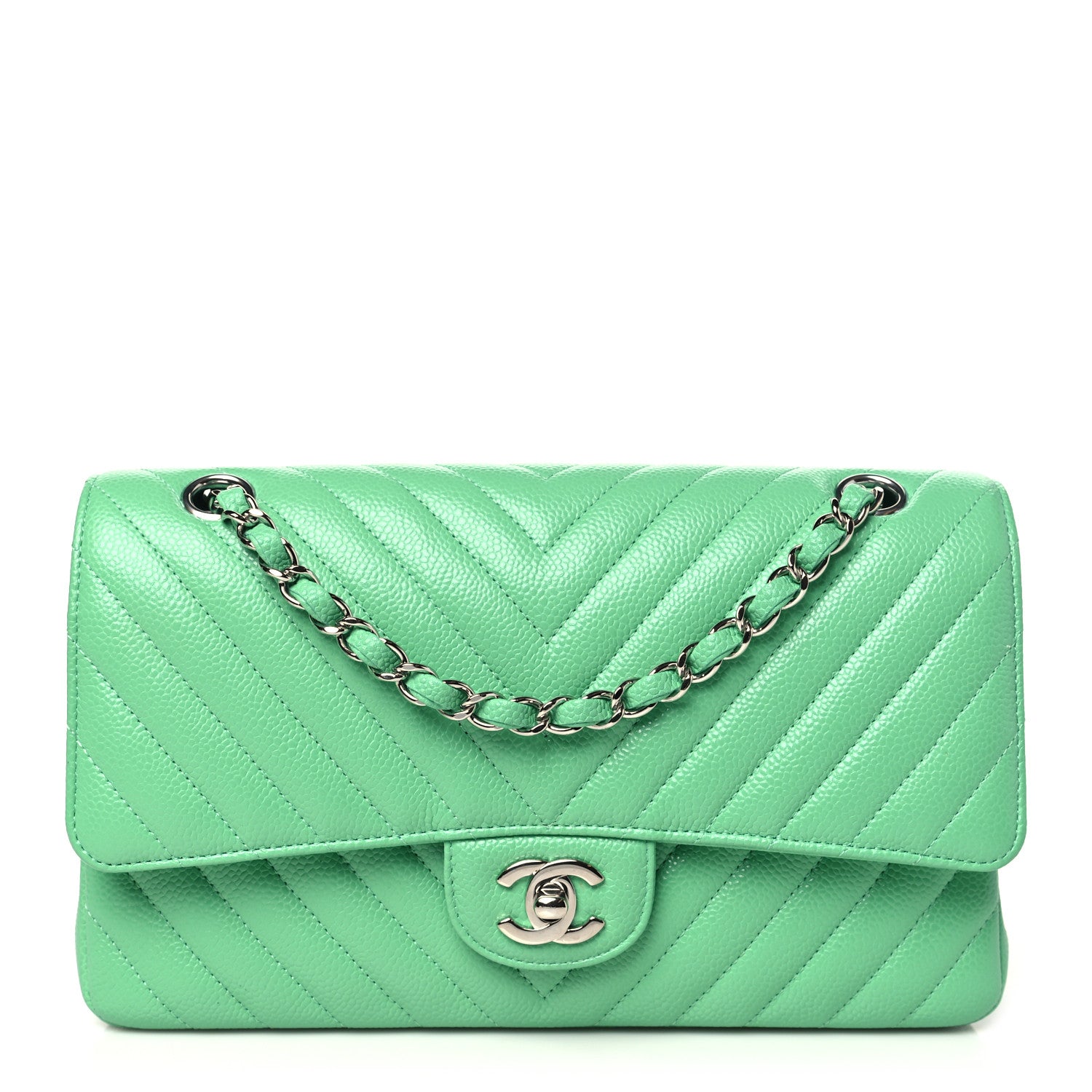 Chanel Caviar Chevron Quilted Medium Double Flap Green 1 of 10