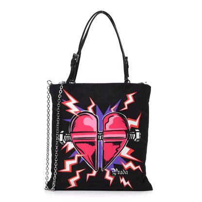 Prada X UNIVERSAL STUDIOS Tessuto Nylon Soft Calfskin Frankenstein Heart Chain Shopping Tote Black 1 of 11