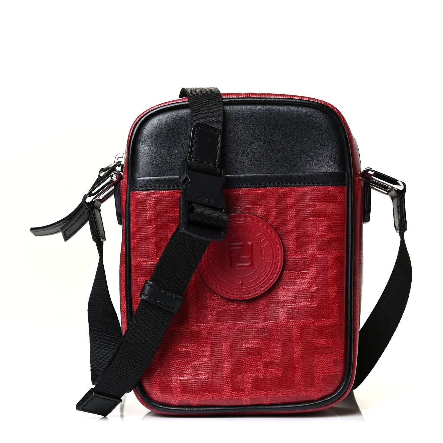 Fendi Glazed Fabric Vitello Century FF 1974 Stamp Patch Small Crossbody Messenger Rosso Black 1 of 7