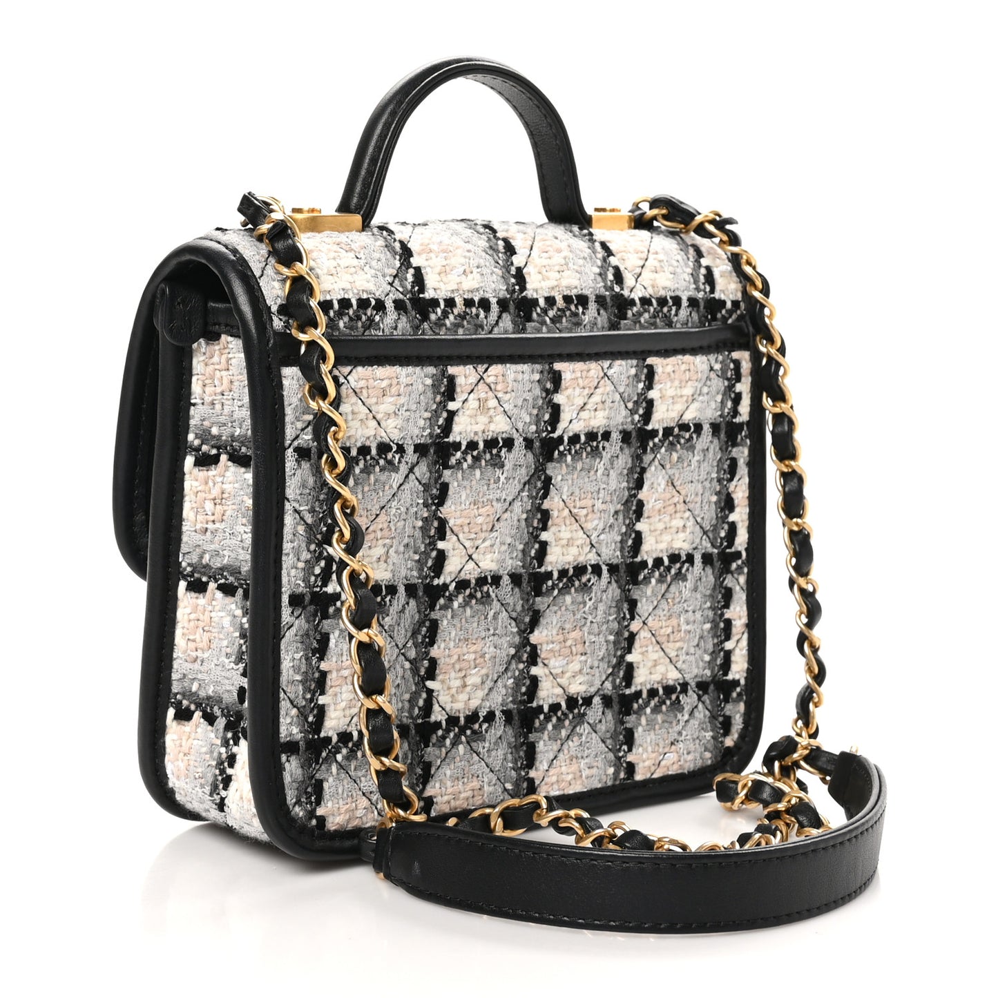 Tweed Calfskin School Memory Mini Top Handle Flap Ecru Grey Beige Black