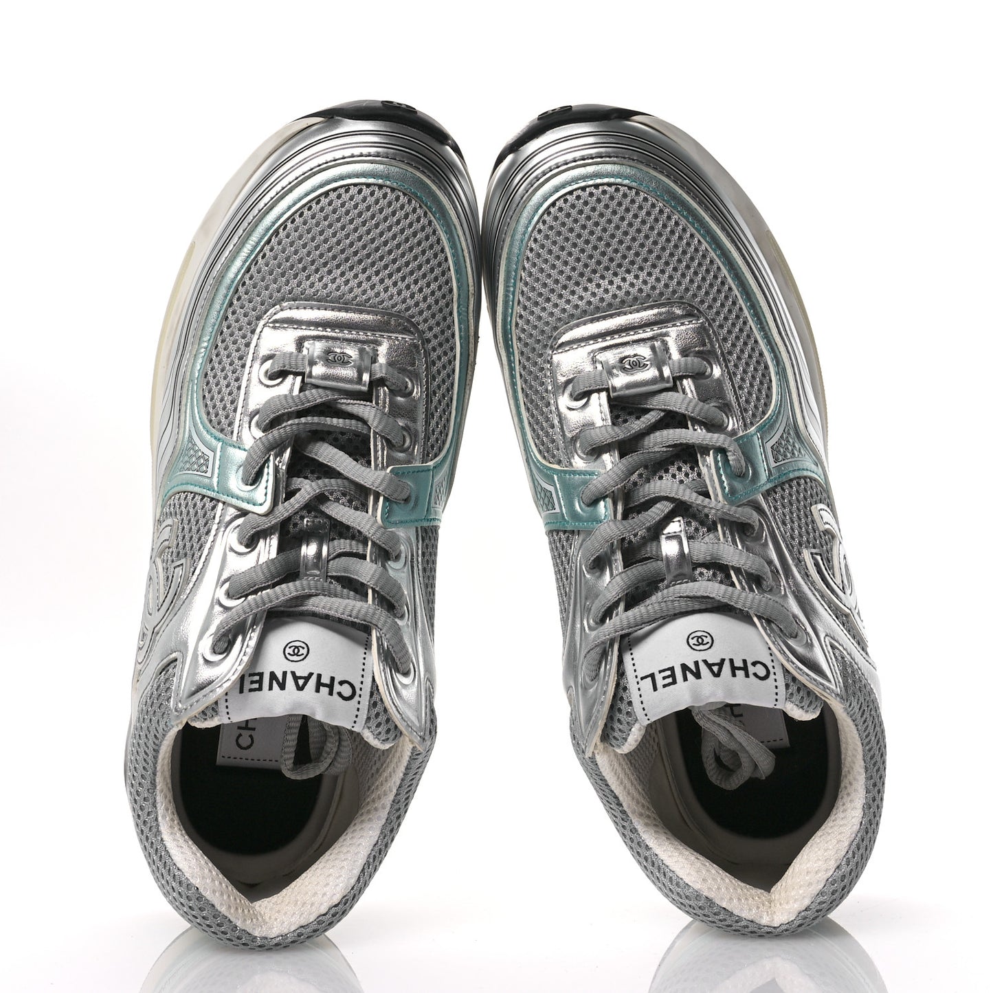 Fabric Laminated Calfskin Stretch CC Sneakers 40 Green Silver