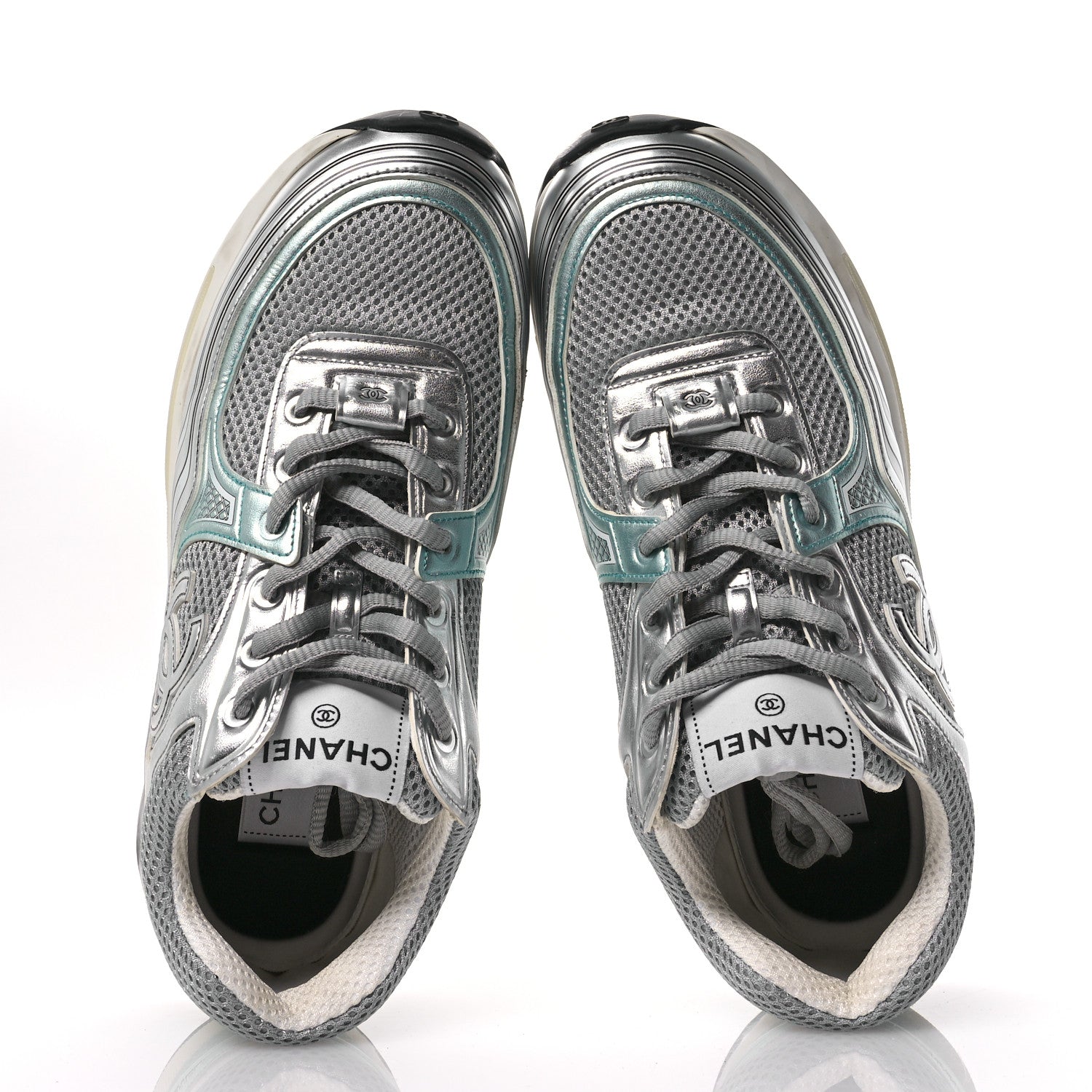 Chanel Fabric Laminated Calfskin Stretch CC Sneakers 40 Green Silver 2 of 9