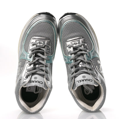 Chanel Fabric Laminated Calfskin Stretch CC Sneakers 40 Green Silver 2 of 9