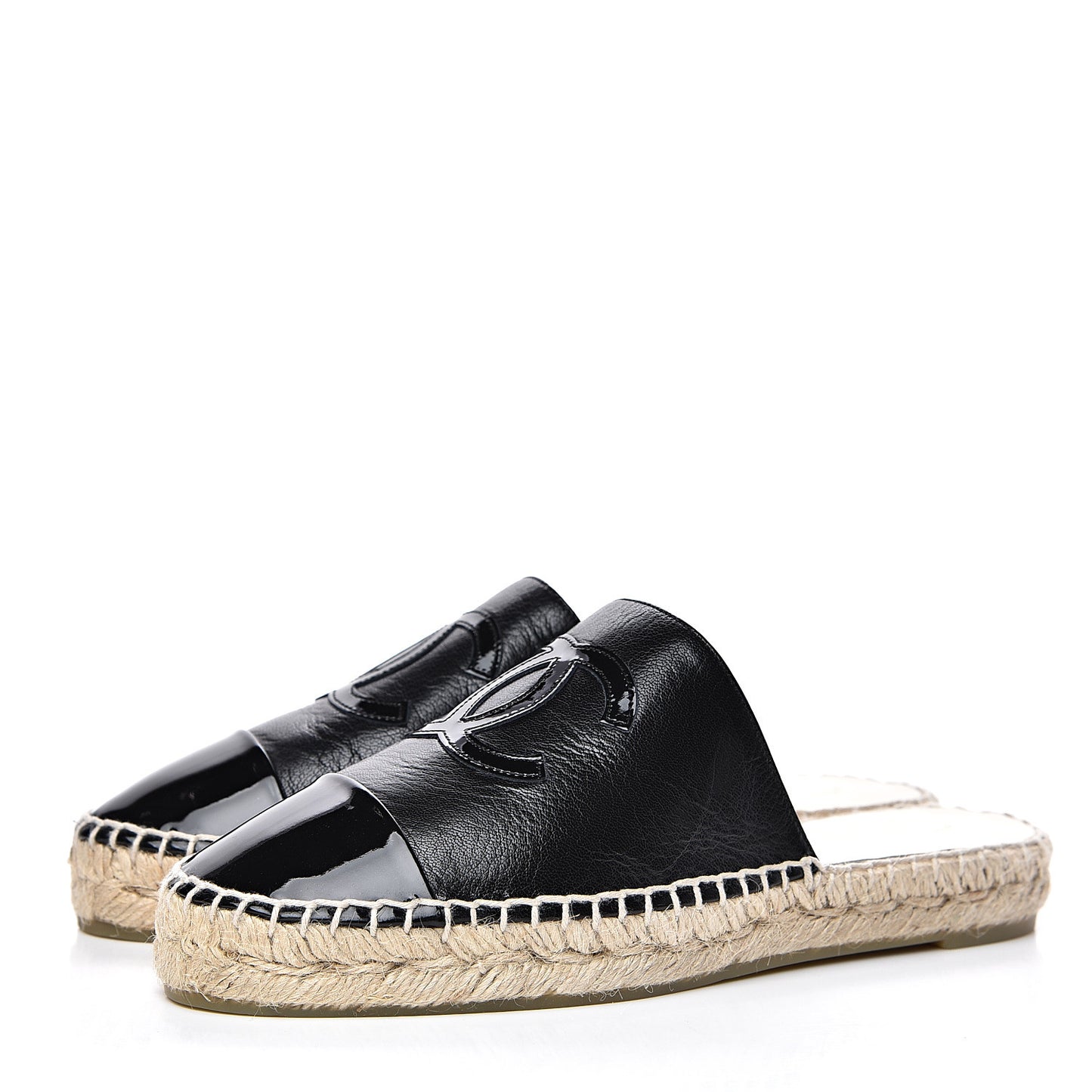 Goatskin Patent CC Espadrille Mules 36 Black