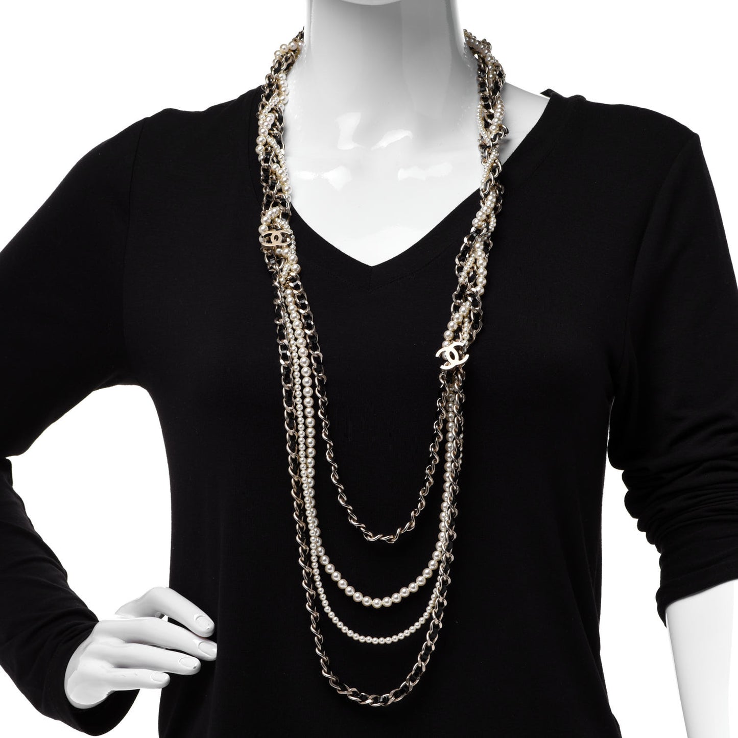 Glazed Calfskin Pearl CC Chain Necklace Black Gold