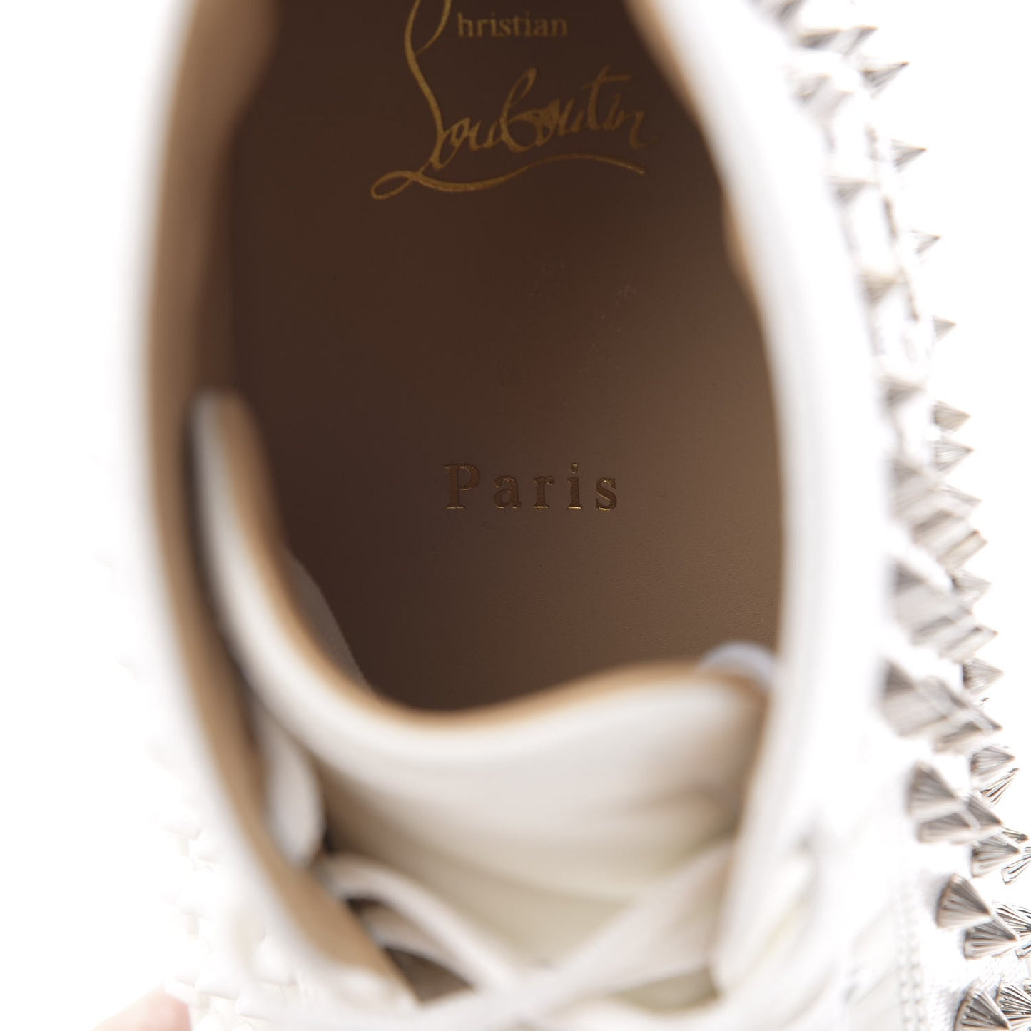 Calfskin Laminato Dino Spikes Yang Louis Flat Sneakers 44 Latte Silver