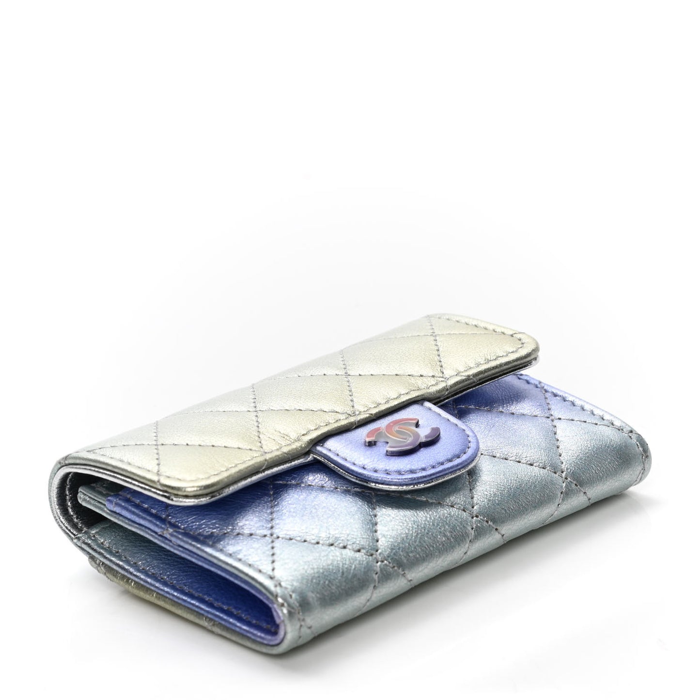 Gradient Metallic Calfskin Quilted Flap Card Holder Wallet Silver Blue Yellow Purple