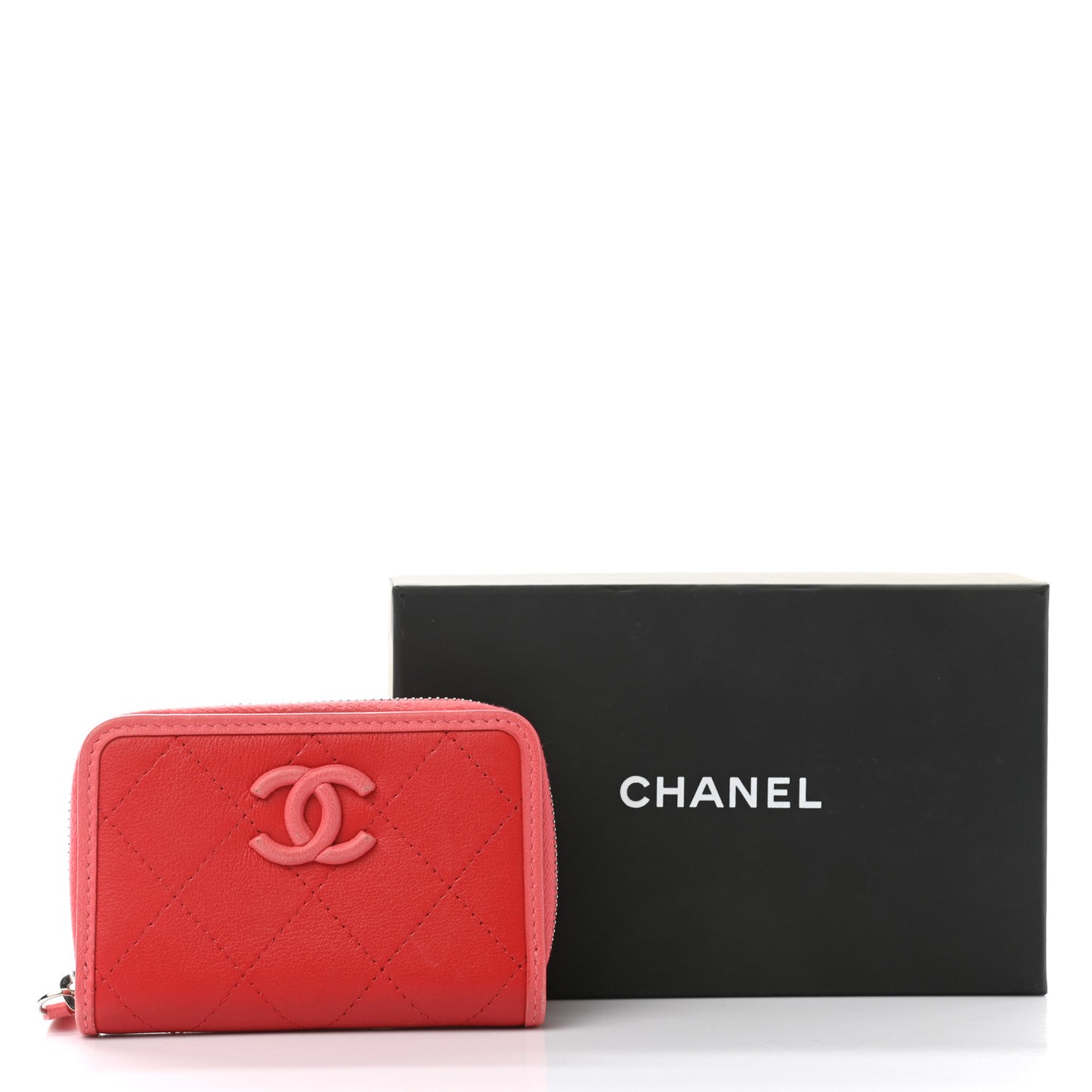 Calfskin Quilted Bi-Color Zip Coin Purse Red Pink