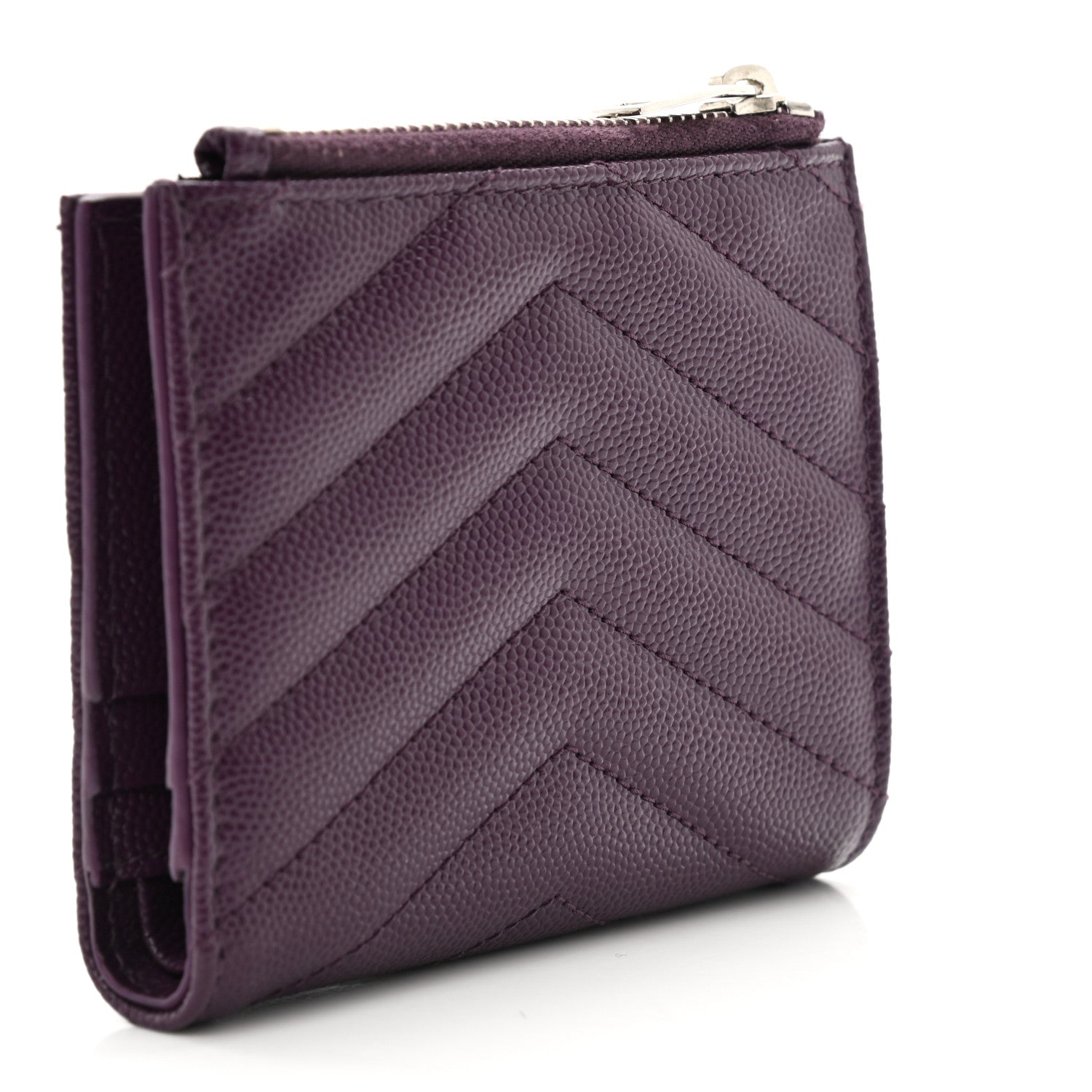 Saint Laurent Grain De Poudre Matelasse Chevron Monogram Zipped Card Case Lilac 3 of 6
