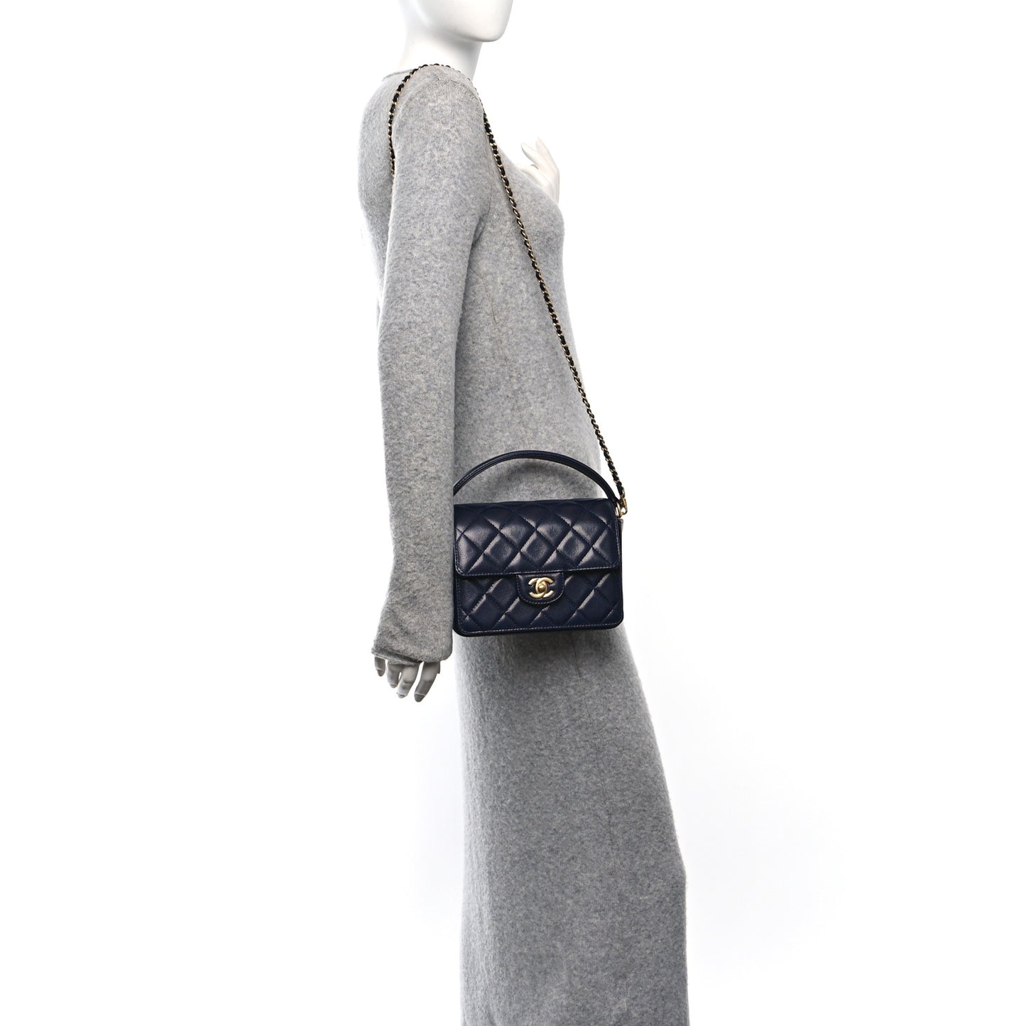 Shiny Caviar Quilted Mini Top Handle Flap Navy Blue