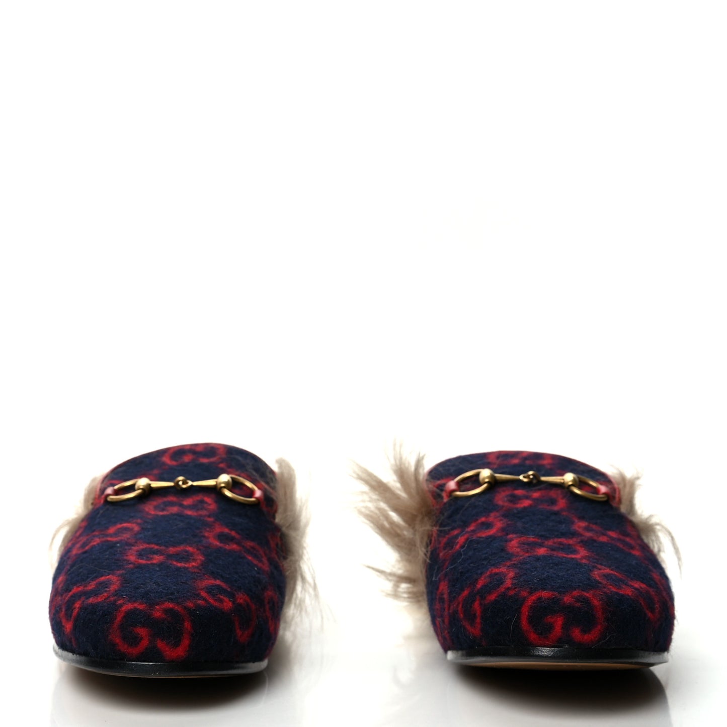 Covered Wool Big GG Monogram Fur Womens Princetown Slippers 37 Blue Red Butterscotch