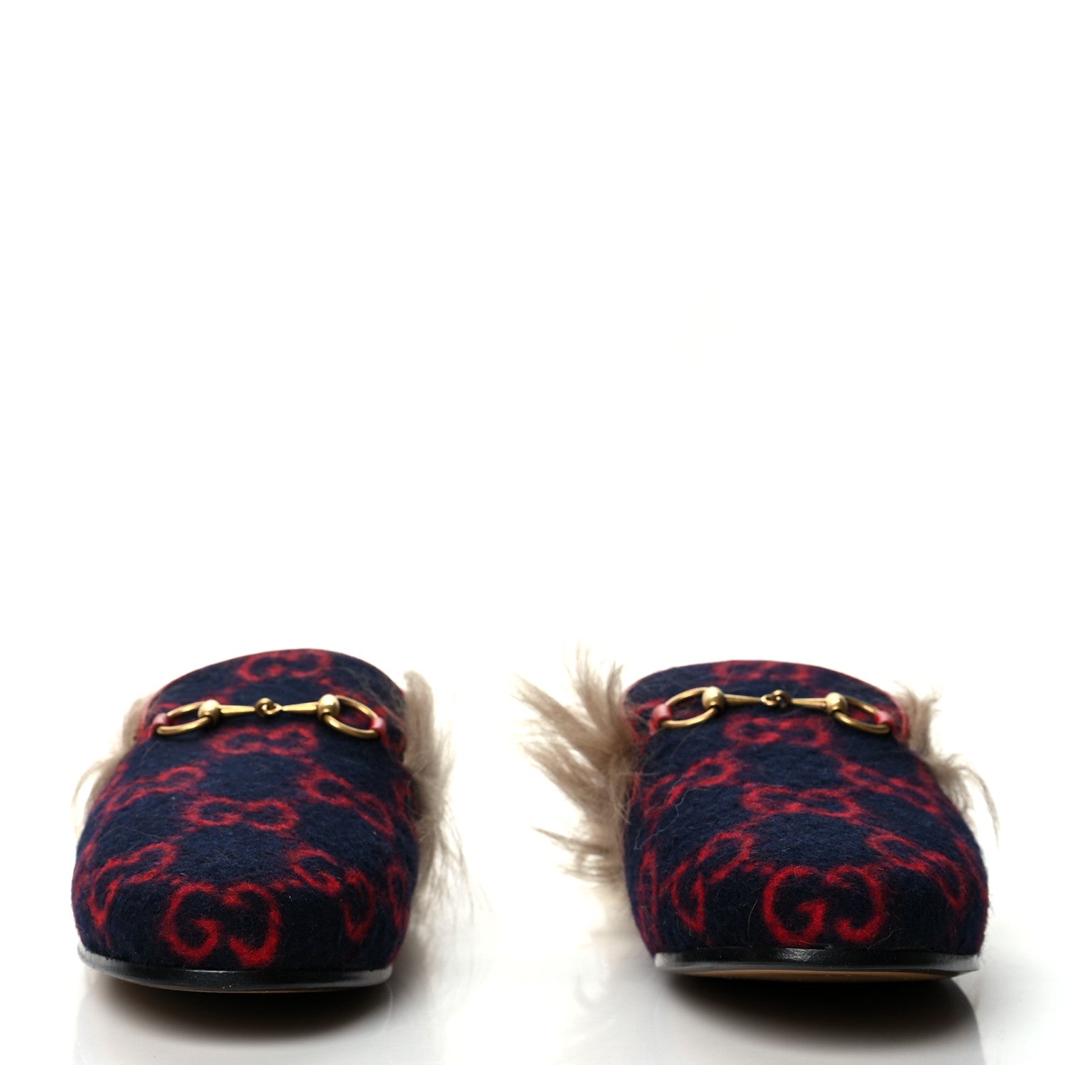 Gucci Covered Wool Big GG Monogram Fur Womens Princetown Slippers 37 Blue Red Butterscotch 2 of 7