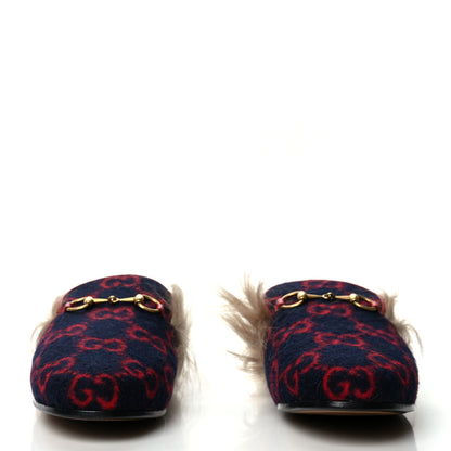 Gucci Covered Wool Big GG Monogram Fur Womens Princetown Slippers 37 Blue Red Butterscotch 2 of 7