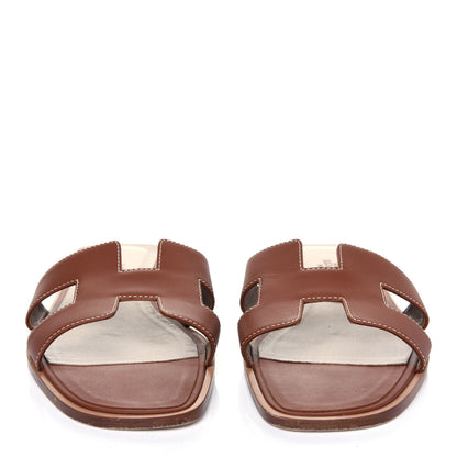 Hermes Box Calfskin Oran Sandals 38.5 Gold 2 of 16