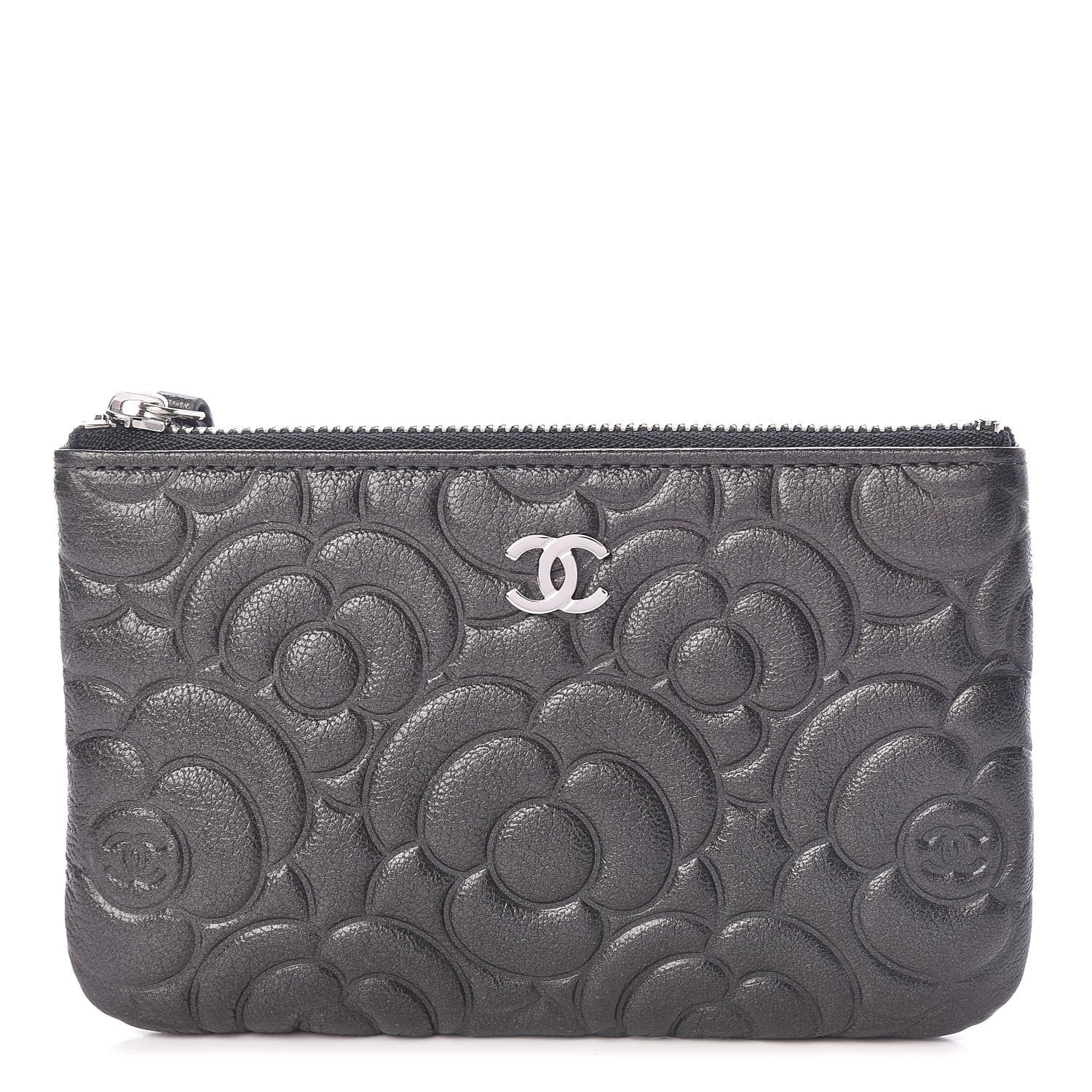 Chanel Goatskin Camellia Embossed Cosmetic Pouch Anthracite 1 of 8