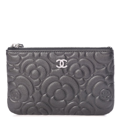 Chanel Goatskin Camellia Embossed Cosmetic Pouch Anthracite 1 of 8