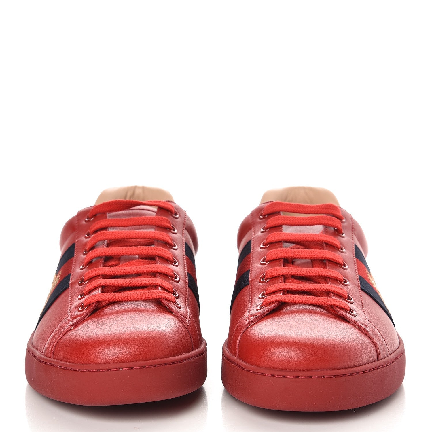 Gucci Miro Soft Calfskin Laminated Ayers Web Bee Embroidered Mens Ace Sneakers 10.5 Hibiscus Red Red Flame Notte 2 of 9