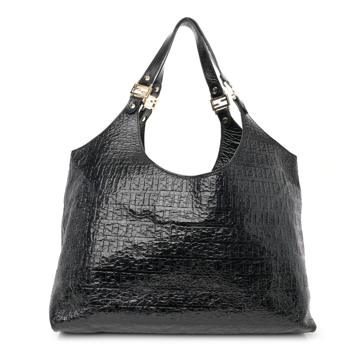 Crinkled Patent FF Hobo Shoulder Bag Black