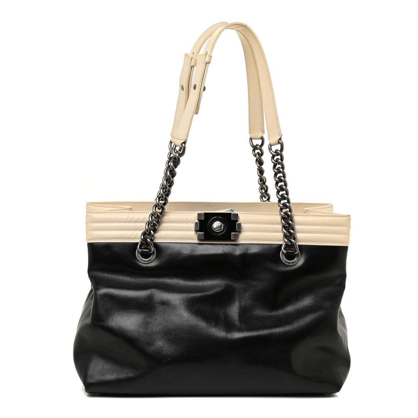 Glazed Calfskin Boy Tote Black Beige