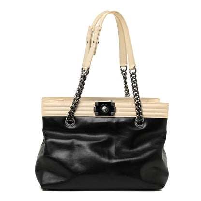 Chanel Glazed Calfskin Boy Tote Black Beige 1 of 26