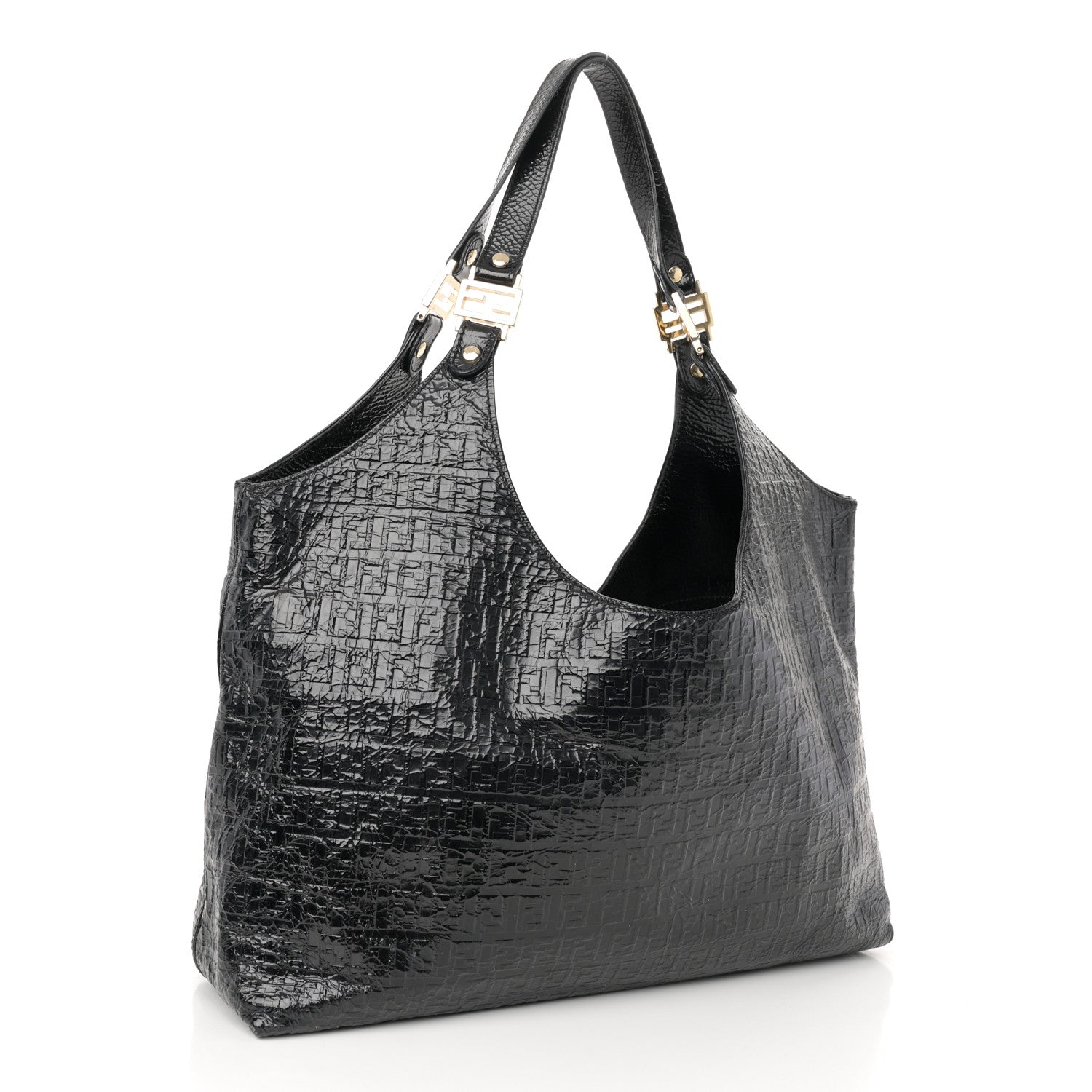 Fendi Crinkled Patent FF Hobo Shoulder Bag Black 3 of 11