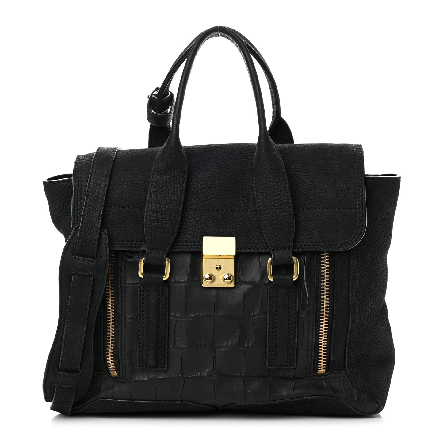 Nubuck Crocodile Embossed Medium Pashli Satchel Black