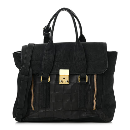 3.1 Phillip Lim Nubuck Crocodile Embossed Medium Pashli Satchel Black 1 of 18