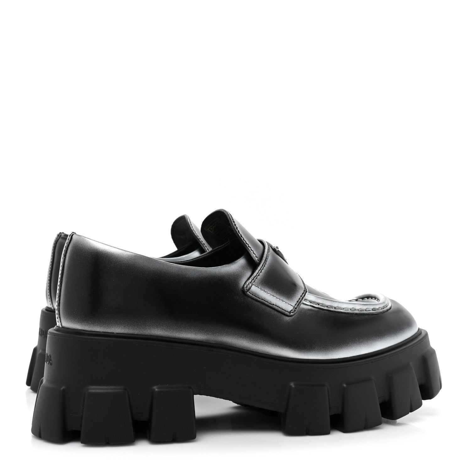 Prada Spazzolato Rois Triangle Monolith 55mm Loafers 39.5 Black Argento 4 of 12