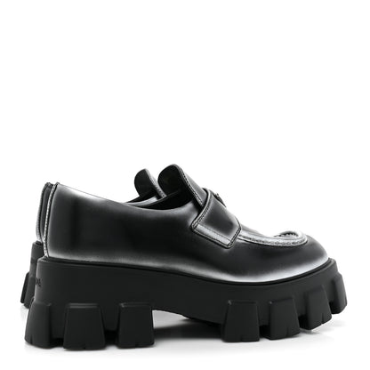 Prada Spazzolato Rois Triangle Monolith 55mm Loafers 39.5 Black Argento 4 of 12