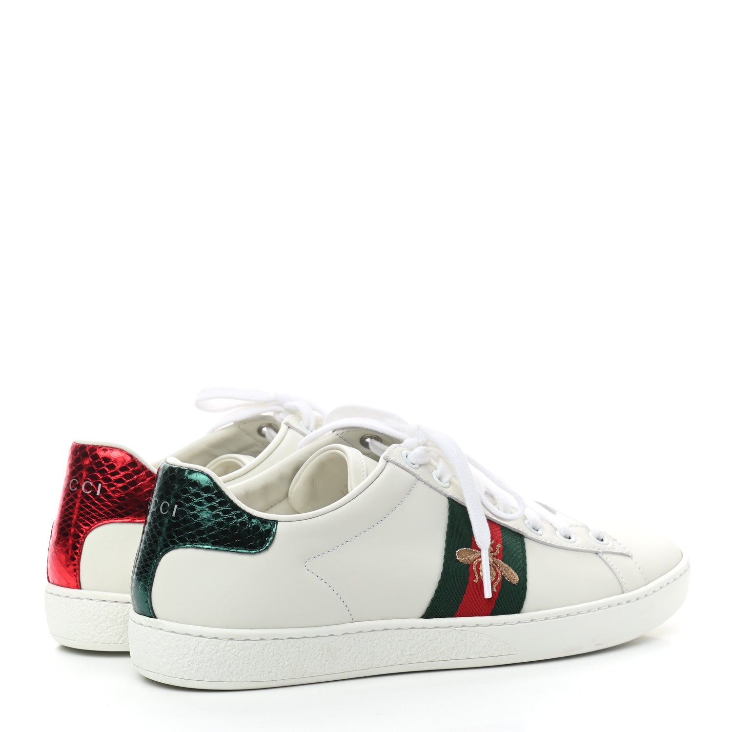 Gucci Calfskin Ayers Bee Embroidered Womens Ace Sneakers 37.5 White Green 4 of 9
