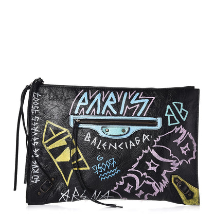Balenciaga Agneau Classic Hardware Graffiti Small Pouch Black Multicolor 1 of 7