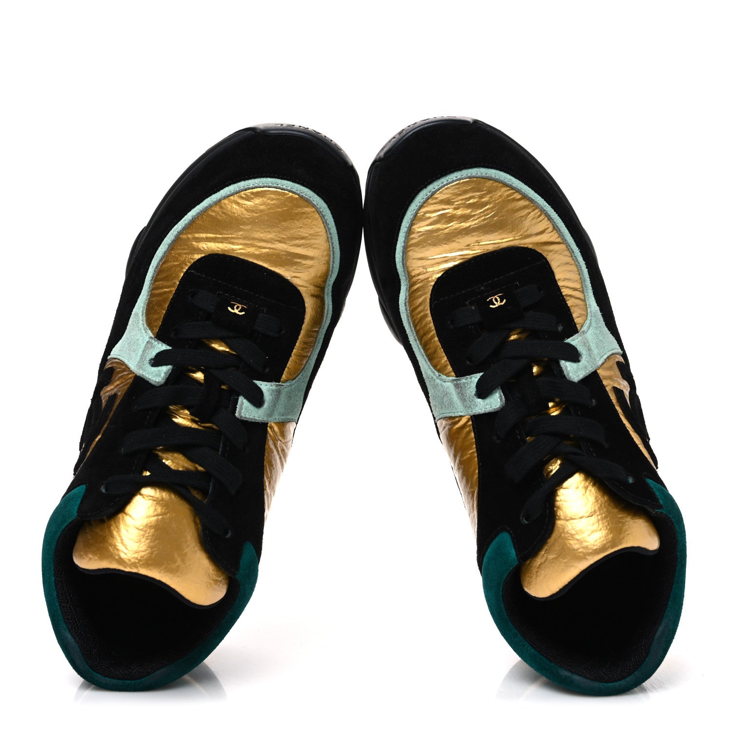 Chanel Fabric Calfskin Suede CC Womens Sneakers 39 Black Turquoise Gold 39 Black Turquoise Gold 2 of 10