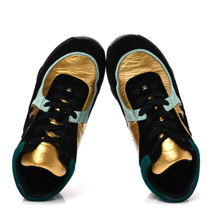 Chanel Fabric Calfskin Suede CC Womens Sneakers 39 Black Turquoise Gold 39 Black Turquoise Gold 2 of 10