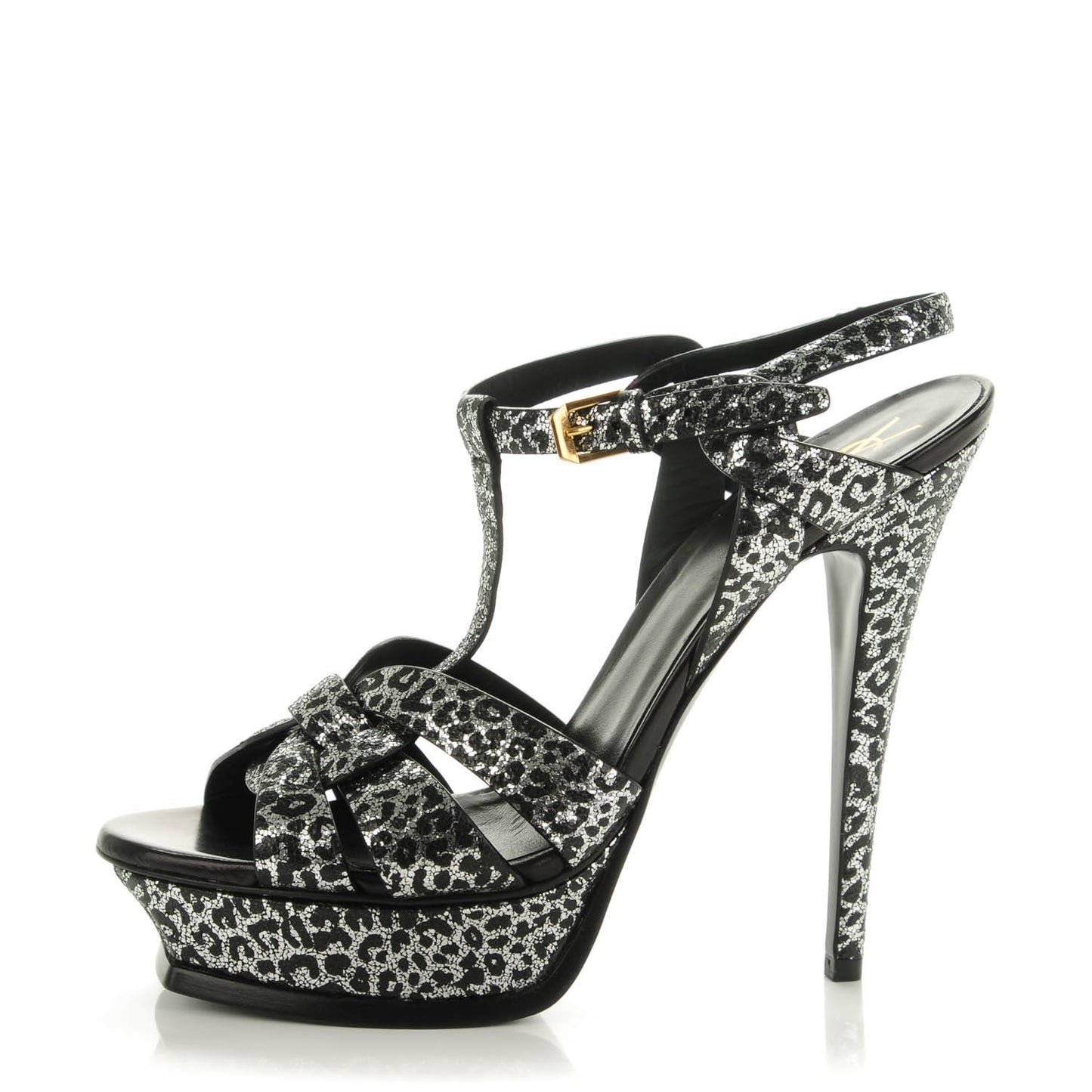 Metallic Calfskin Leopard Print Tribute 105 Platform Sandals 40 Black Silver