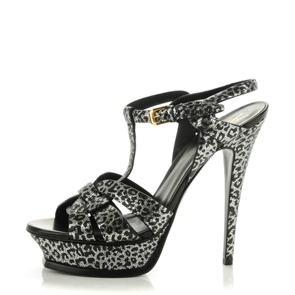 Saint Laurent Metallic Calfskin Leopard Print Tribute 105 Platform Sandals 40 Black Silver 1 of 7