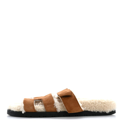 Hermes Suede Goatskin Woolskin Womens Chypre Sandals 38 Brun Fume Ecru 1 of 9