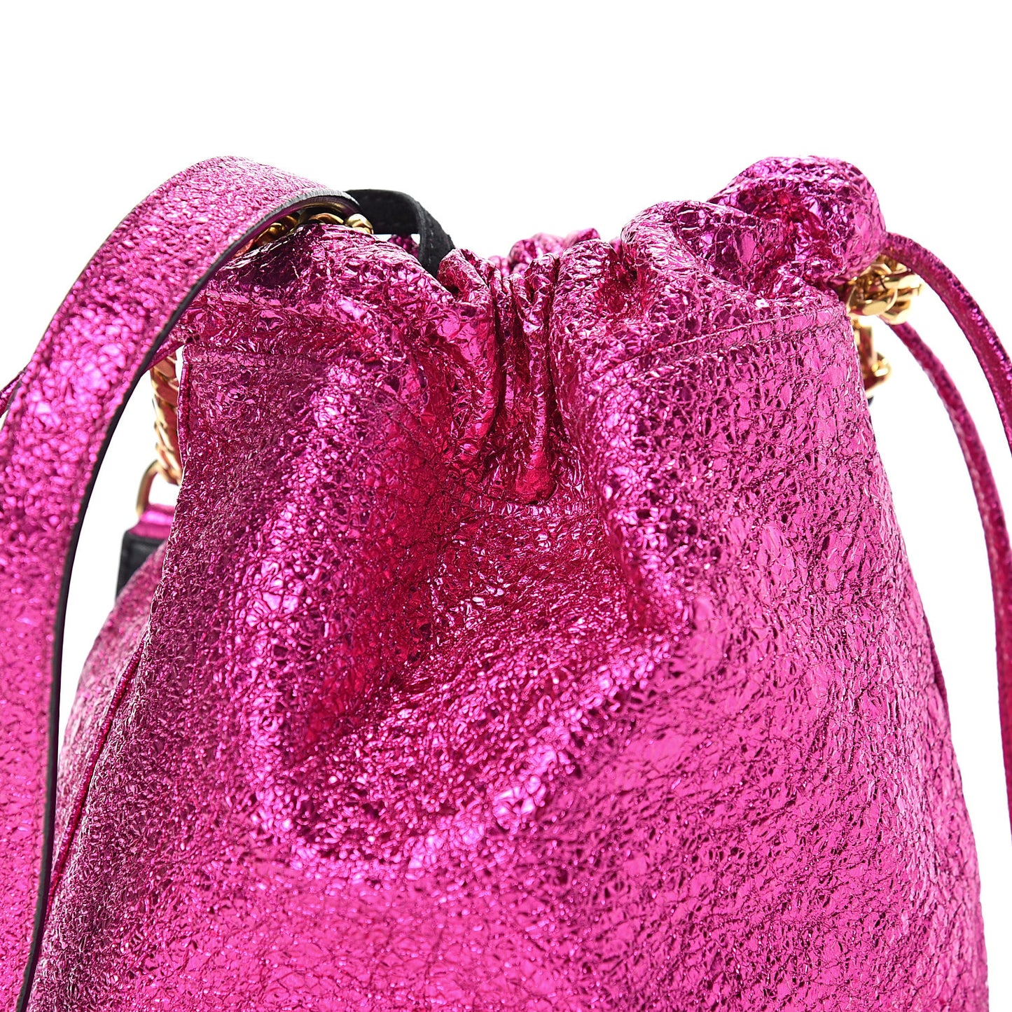 Metallic Crackled Calfskin Teddy Drawstring Bag Fuchsia Black