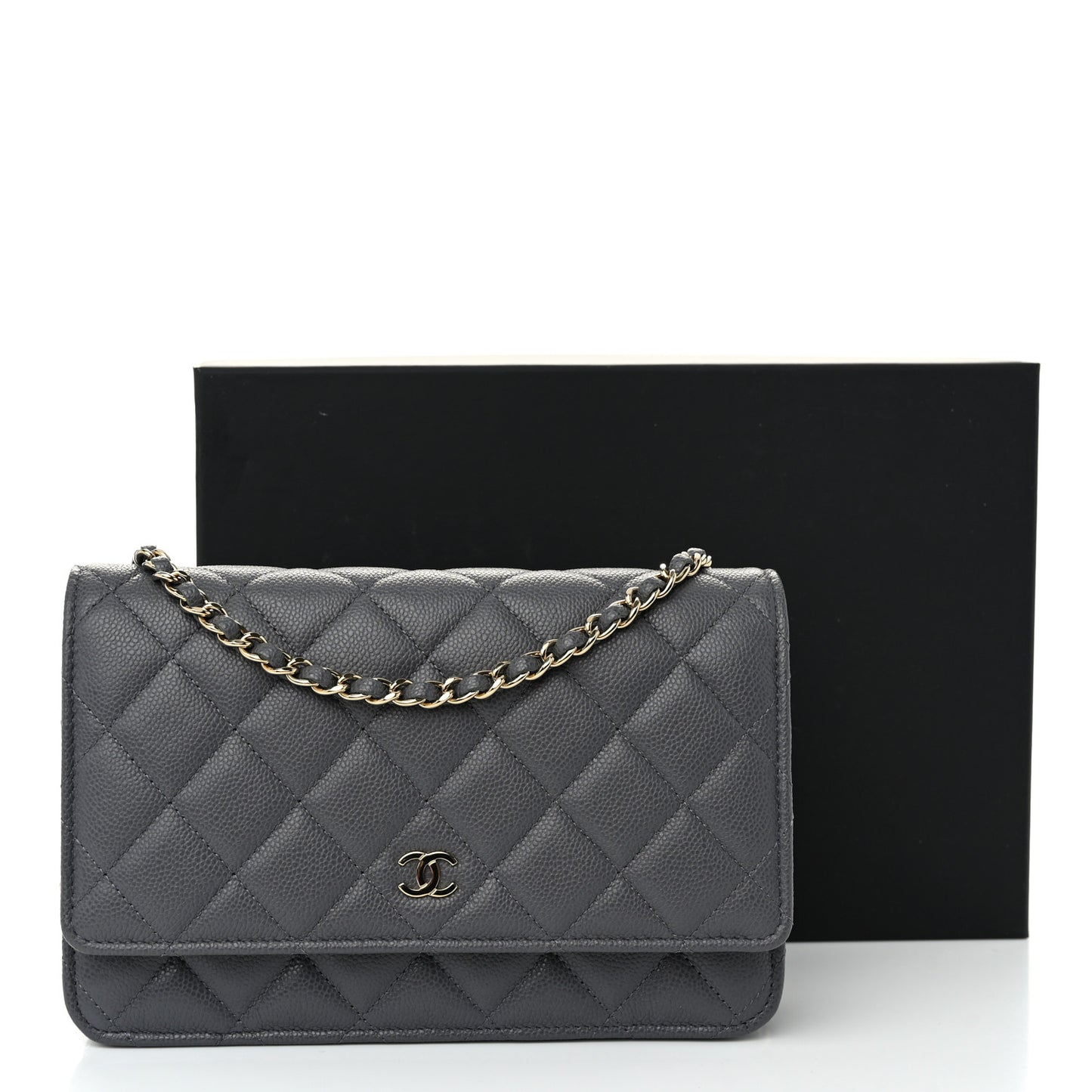 Caviar Quilted Wallet on Chain WOC Grey