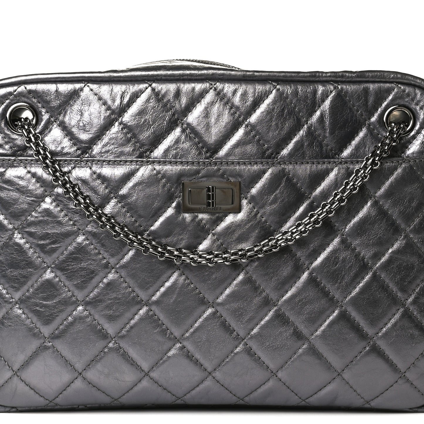 Metallic Aged Calfskin Quilted Large Reissue Camera Case Silver