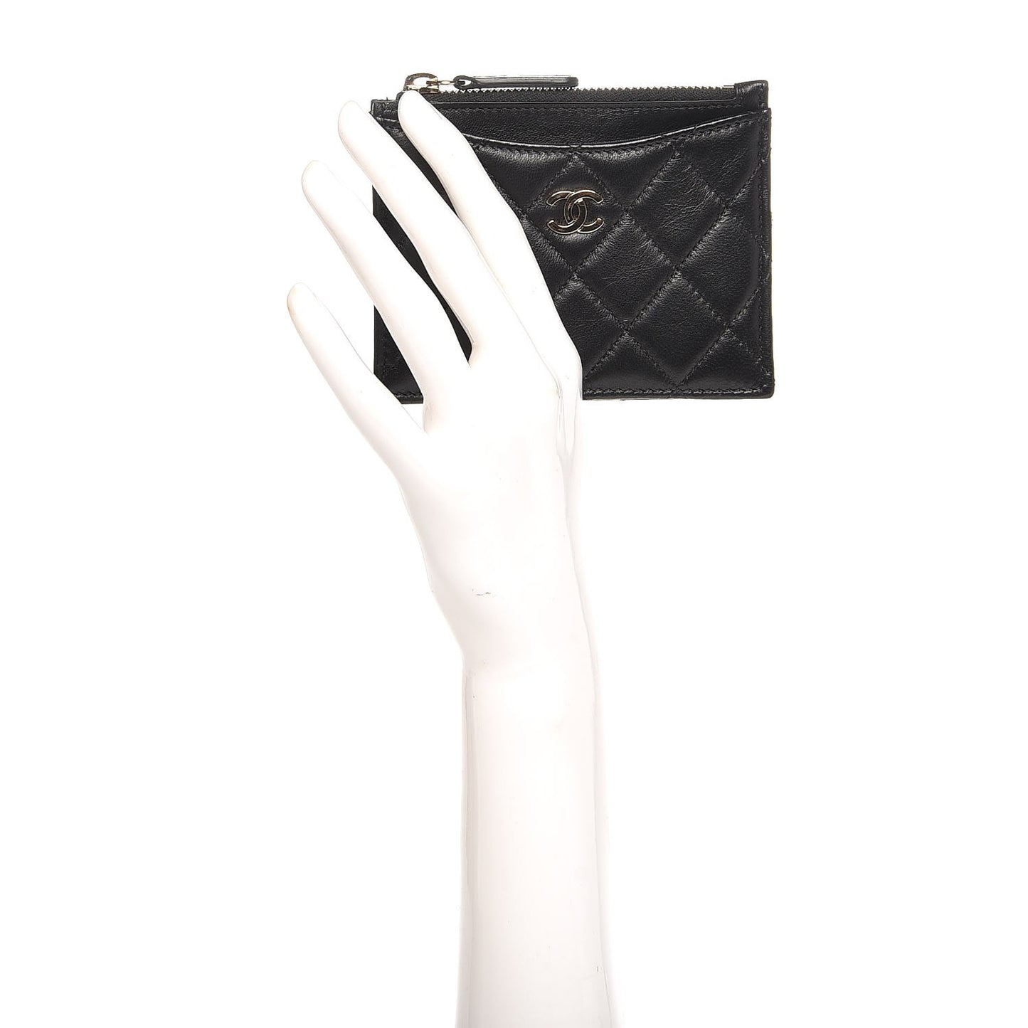 Lambskin Quilted Zip Card Holder Black