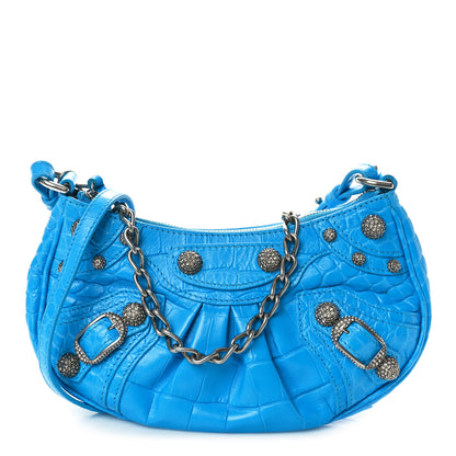 Balenciaga Extra Supple Calfskin Crocodile Embossed Crystal Mini Le Cagole Purse With Chain Cyan 1 of 10