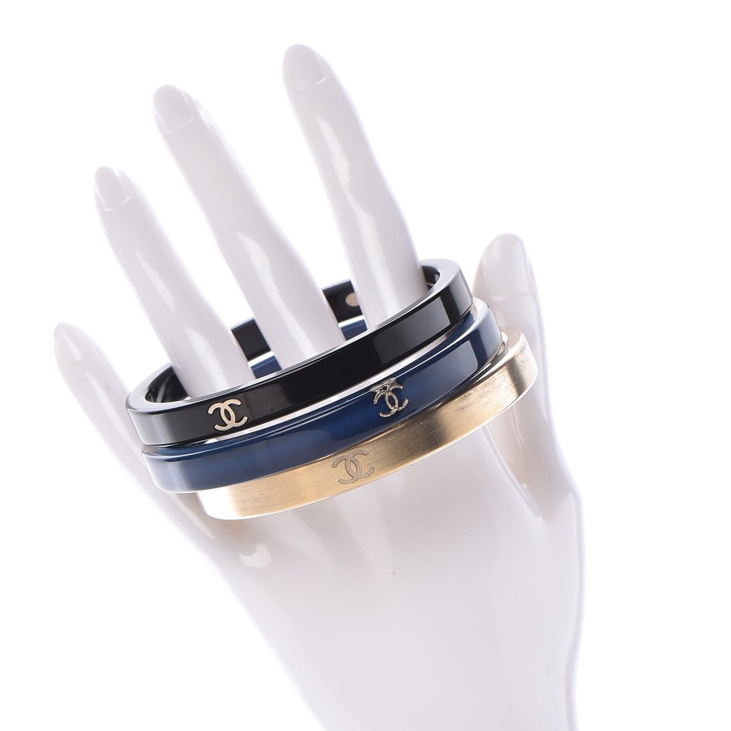 Resin Metal CC Bangle Bracelet Set of 3 Black Navy Gold