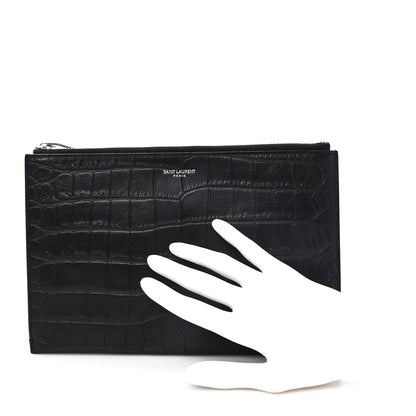 Saint Laurent Calfskin Crocodile Embossed Zip Mini Tablet Sleeve Black 2 of 7
