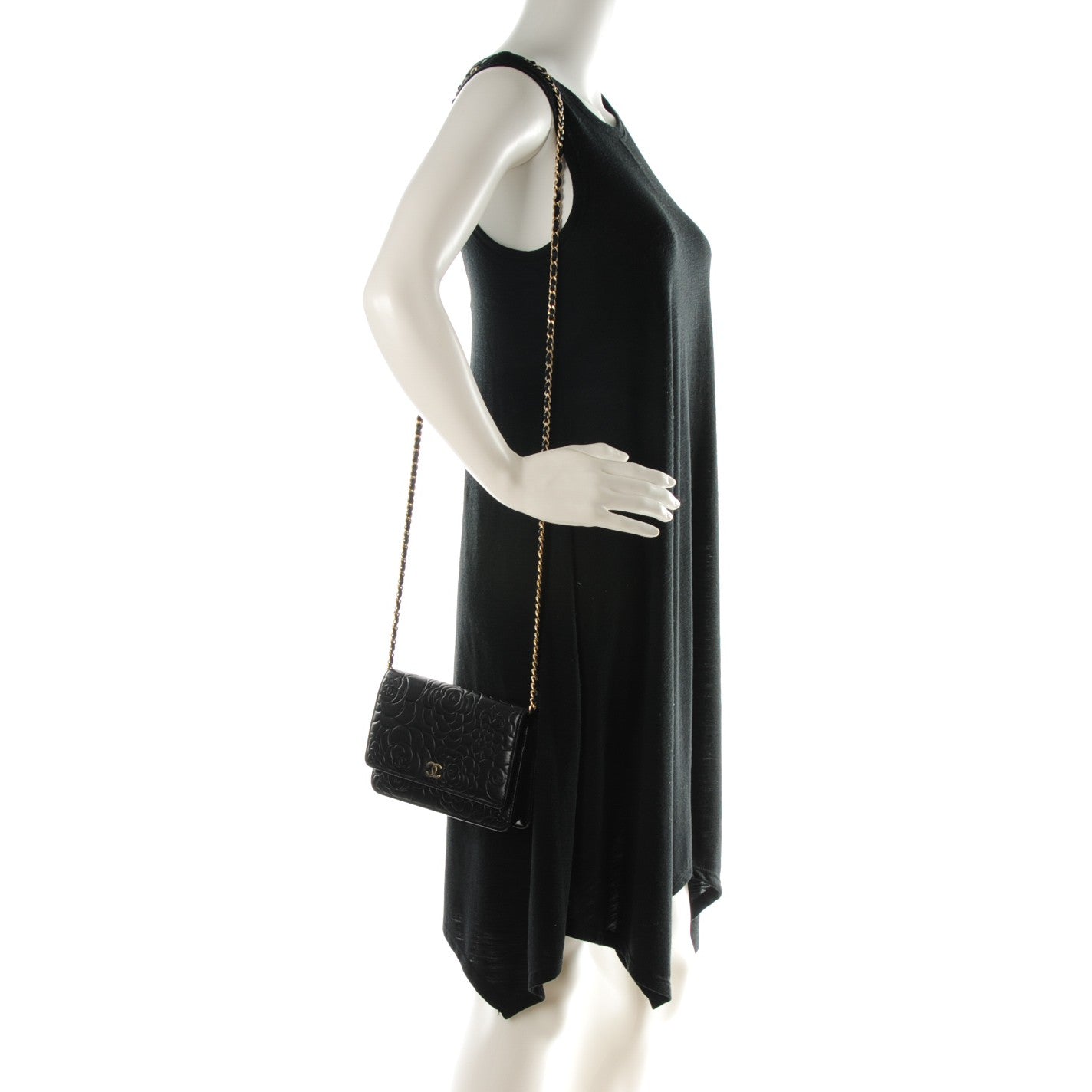 Lambskin Camellia Embossed Wallet on Chain WOC Black