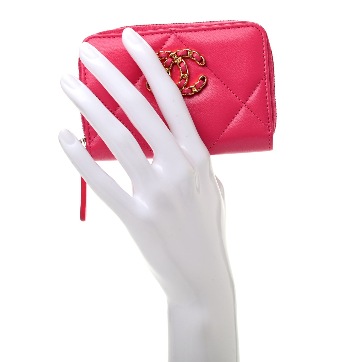 Shiny Goatskin Quilted 19 Zip Around Coin Purse Wallet Dark Pink
