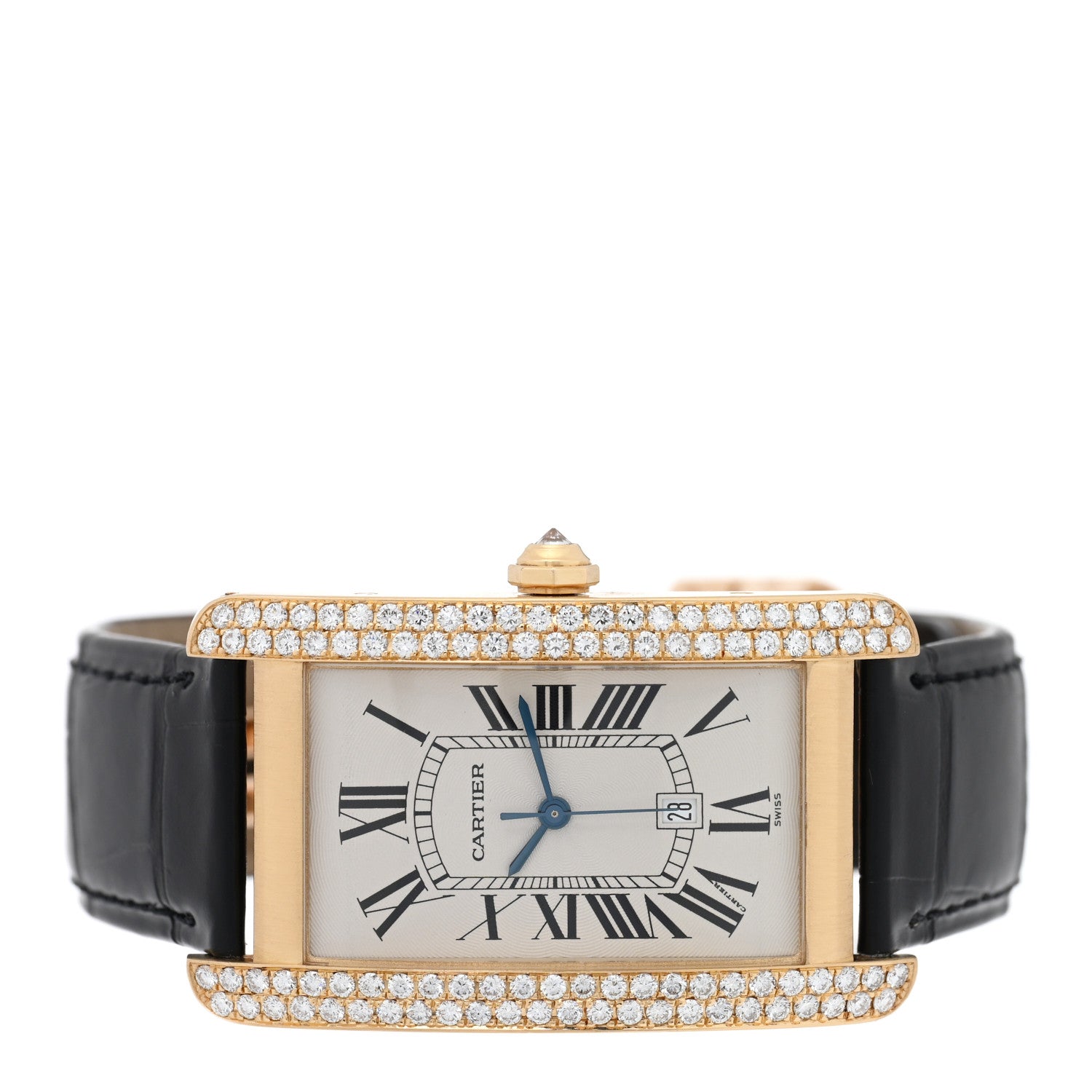 Cartier 18K Yellow Gold Alligator Diamond Bezel 26mm Tank